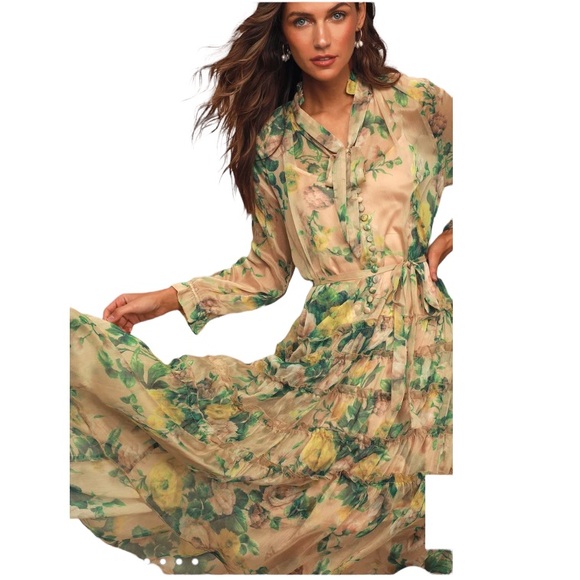 O.P.T. Cosmia Beige Floral Print Tiered Ruffled Midi Dress. Size Small - Picture 2 of 10